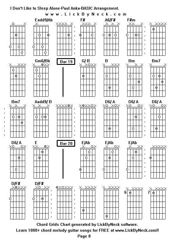 Chord Grids Chart of chord melody fingerstyle guitar song-I Don't Like to Sleep Alone-Paul Anka-BASIC Arrangement,generated by LickByNeck software.